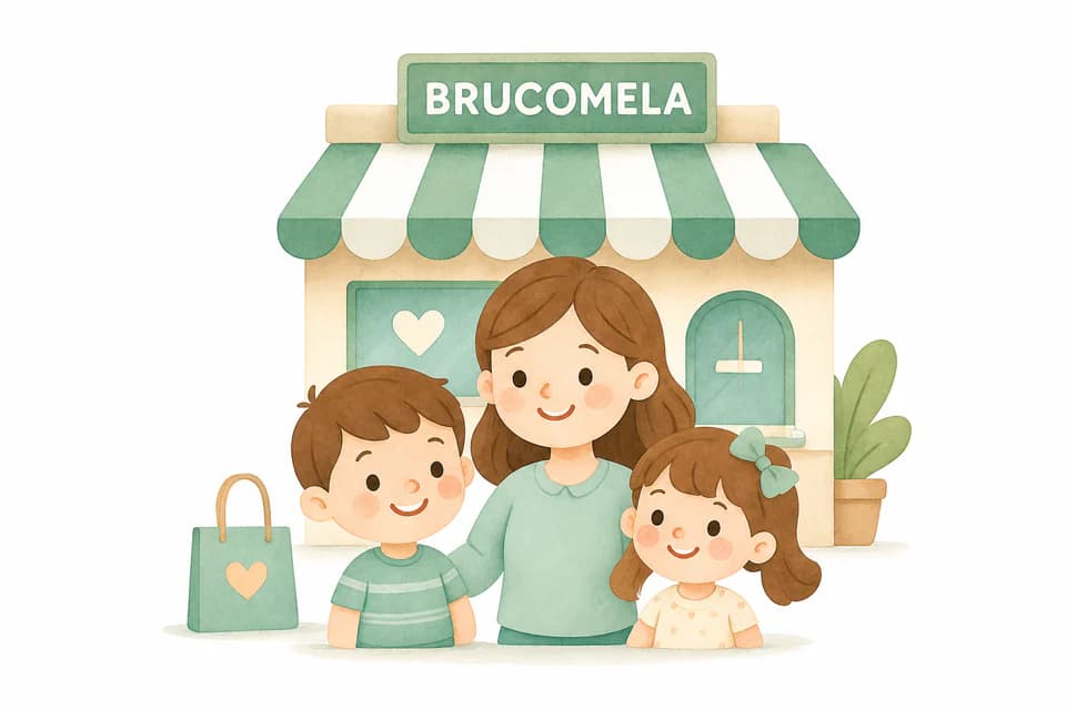 Una famiglia davanti al negozio di abbigliamento per bambini Il Brucomela