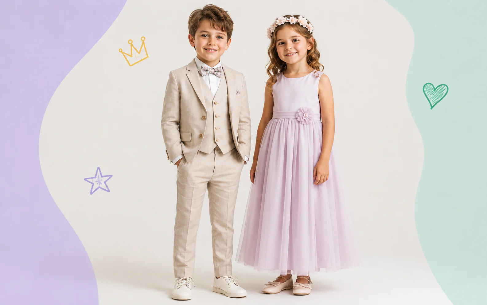 Due bambini con abiti eleganti da cerimonia per battesimi, comunioni e matrimoni